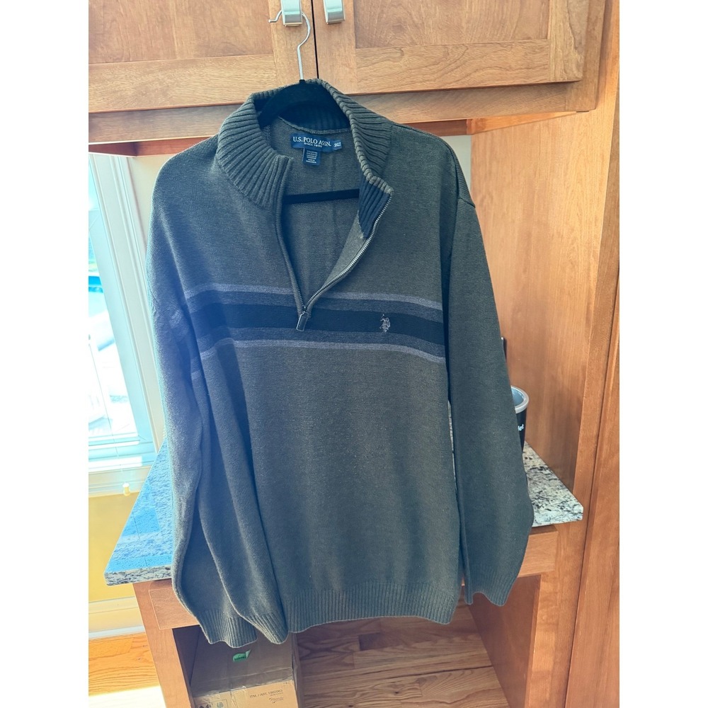U.S. Polo Assn. Men 3XLT Quarter Zip Sweater Olive Green Striped Chest Big Tall